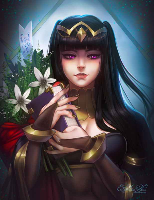 amber_harris black_hair bodystocking book bouquet breasts bridal_gauntlets cape cleavage commentary fire_emblem fire_emblem:_kakusei flower medium_breasts parted_lips purple_eyes smile solo tharja tiara twintails upper_body