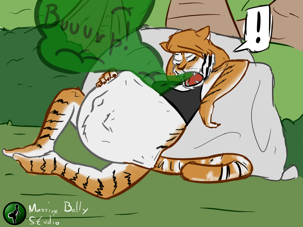 ! belly big_belly burping feline female hand_on_stomach mammal massivebellystudio open_mouth post_vore tiger vore