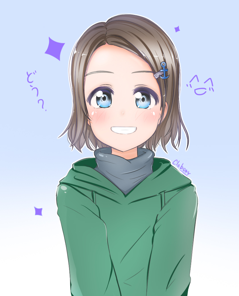 anchor_hair_ornament artist_name blue_eyes clebear commentary_request forehead green_hoodie grey_hair grin hair_ornament hairclip light_blush long_sleeves looking_at_viewer love_live! love_live!_sunshine!! no_bangs outline short_hair smile solo sparkle turtleneck upper_body watanabe_you white_outline
