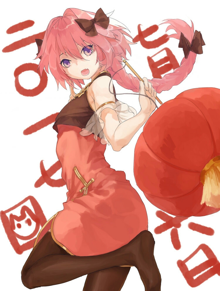 :d astolfo_(fate) bangs bare_arms bare_shoulders black_bow black_legwear bow braid china_dress chinese_clothes commentary detached_sleeves dress fang fate/apocrypha fate_(series) finger_to_cheek from_side gold_trim hair_between_eyes hair_bow hair_intakes hands_up high_collar holding index_finger_raised leg_up long_hair looking_at_viewer looking_to_the_side male_focus multicolored_hair no_shoes open_mouth otoko_no_ko pantyhose pink_hair purple_eyes red_dress see-through short_dress side_slit simple_background single_braid smile solo standing standing_on_one_leg streaked_hair thighhighs translation_request two-tone_hair viv white_background white_hair