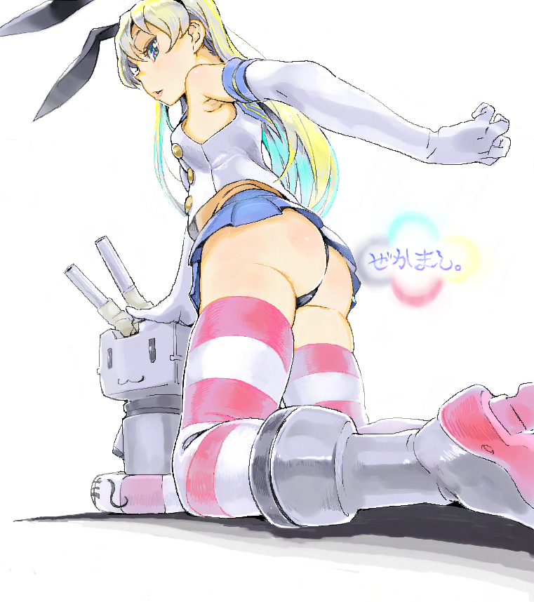 :3 alternate_eye_color arm_behind_back ass bad_id bad_pixiv_id bangs black_hairband black_panties black_ribbon blonde_hair blue_eyes blue_sailor_collar blue_skirt boots breasts buttons crop_top elbow_gloves eyelashes fronttire gloves grey_footwear hair_between_eyes hairband kantai_collection kneeling lifebuoy lips long_hair microskirt panties parted_lips pink_lips pleated_skirt rensouhou-chan ribbon robot sailor_collar shimakaze_(kantai_collection) shirt simple_background skindentation skirt sleeveless sleeveless_shirt small_breasts solo straight_hair striped striped_legwear thighhighs turret underwear white_background white_gloves white_shirt |_|