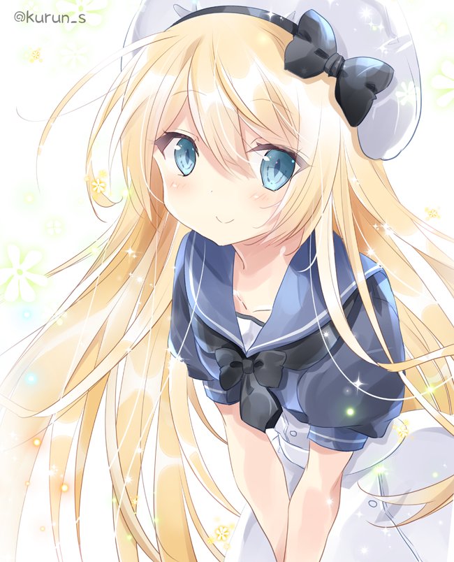 beret blonde_hair blue_eyes blush collarbone dress eyebrows_visible_through_hair hair_between_eyes hat jervis_(kantai_collection) kantai_collection kurun_(kurun777) long_dress long_hair looking_at_viewer sailor_collar sailor_dress sailor_hat short_sleeves simple_background smile solo twitter_username v_arms white_background