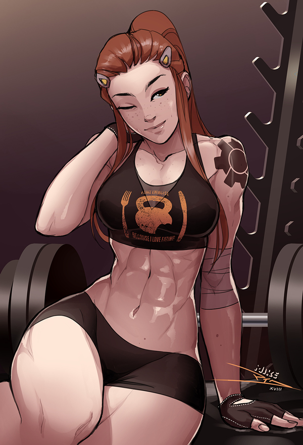 abs barbell bike_shorts breasts brigitte_(overwatch) brown_hair clothes_writing collarbone commentary fingerless_gloves gloves gym hair_ornament hairclip head_tilt kettlebell lips long_hair medium_breasts mike_nesbitt muscle muscular_female one_eye_closed overwatch ponytail shoulder_tattoo sidelocks sitting solo sports_bra tattoo thighs wide_hips