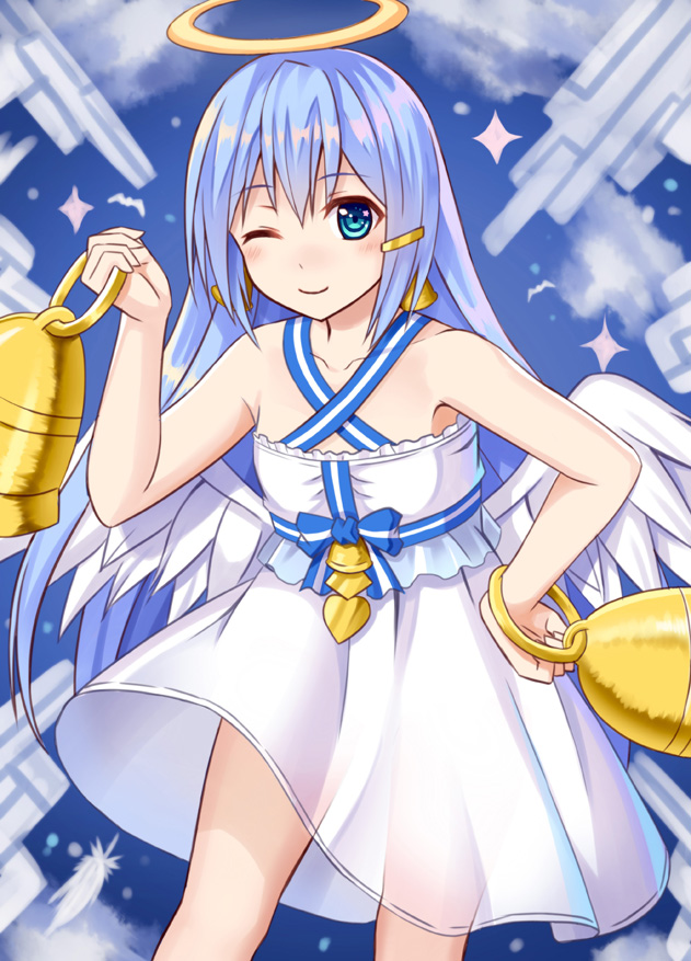 ;) angel_wings bad_id bad_pixiv_id bangs bare_arms bare_shoulders bell bellringer_angel blue_eyes blue_hair blue_sky blush closed_mouth cloud collarbone commentary_request criss-cross_halter day dress eyebrows_visible_through_hair feathered_wings feathers hair_between_eyes hair_ornament hairclip halo halterneck hand_on_hip holding long_hair one_eye_closed outdoors see-through shadowverse sky smile solo sparkle tsukino_neru very_long_hair white_dress white_feathers white_wings wings