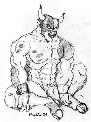 2001 animal_genitalia anthro bovine hooves horn howllie low_res mammal minotaur muscular nude penis sheath