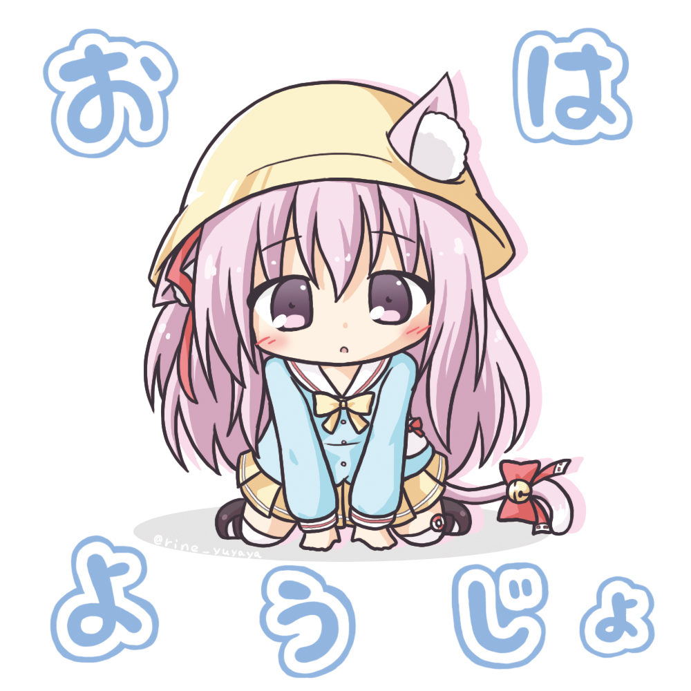 :o all_fours animal_ears azur_lane bangs bell black_footwear blue_shirt blush bow bowtie cat_ears cat_girl cat_tail chibi commentary_request ears_through_headwear eyebrows_visible_through_hair hair_between_eyes hair_ribbon hat jingle_bell kindergarten_uniform kisaragi_(azur_lane) long_hair long_sleeves looking_at_viewer mary_janes parted_lips pink_hair pleated_skirt purple_eyes red_bow red_ribbon ribbon rinechun school_hat shirt shoes skirt solo tail tail_bell tail_bow thighhighs translation_request twitter_username very_long_hair white_background white_legwear yellow_hat yellow_neckwear yellow_skirt