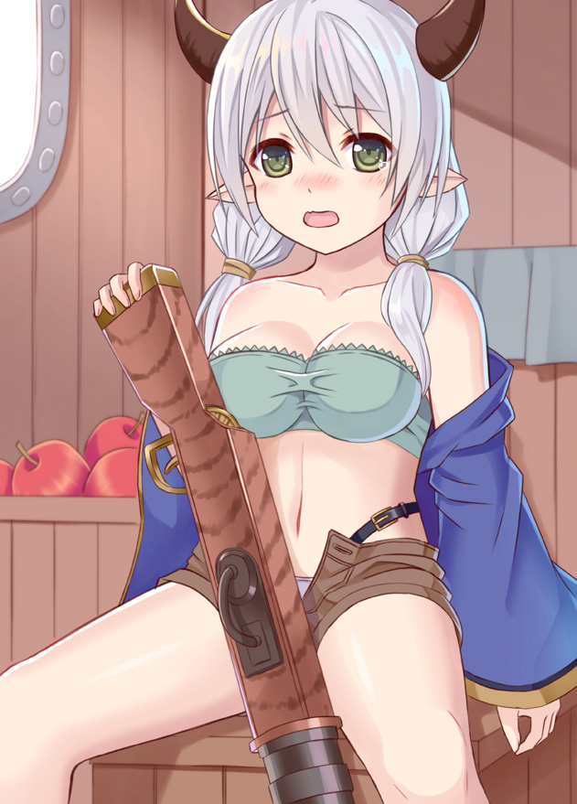apple bad_id bad_pixiv_id bandeau bangs bare_shoulders blue_jacket blush breasts brown_shorts camieux cleavage collarbone commentary_request crate draph eyebrows_visible_through_hair fingernails food fruit granblue_fantasy green_eyes hair_between_eyes holding horns indoors jacket long_hair long_sleeves looking_at_viewer low_twintails medium_breasts navel nose_blush off_shoulder open_clothes open_mouth open_shorts panties pointy_ears red_apple short_shorts shorts silver_hair sitting solo spread_legs tsukino_neru twintails underwear white_panties wide_sleeves
