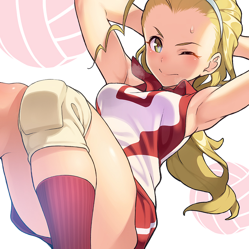 armpits arms_behind_head blonde_hair brown_eyes closed_mouth commentary girls_und_panzer hair_pulled_back hairband knee_pads legs long_hair looking_at_viewer lying on_back one_eye_closed pairan ponytail red_legwear red_shirt red_shorts sasaki_akebi shirt short_shorts shorts sit-up sleeveless sleeveless_shirt smile socks solo sportswear sweat v-shaped_eyebrows volleyball volleyball_uniform white_hairband