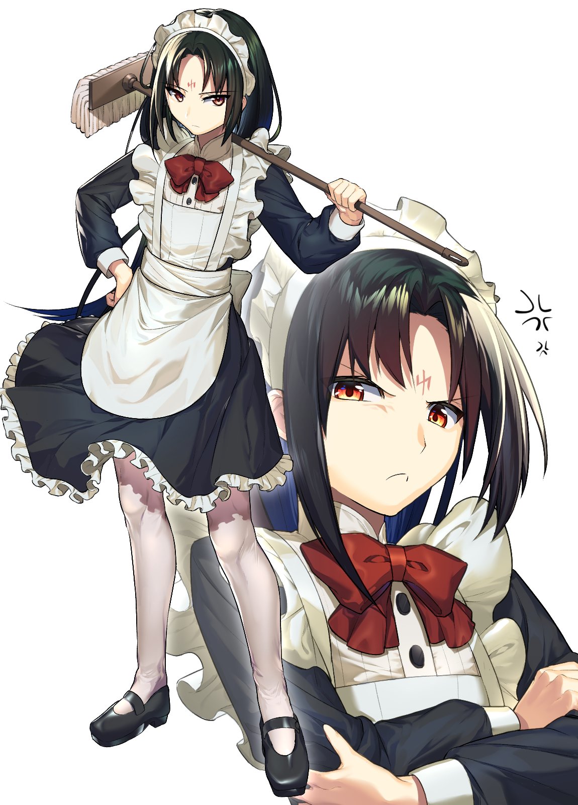 alternate_costume anger_vein angry apron black_footwear black_hair bow broom commentary_request crossed_arms enmaided facial_mark fire_emblem fire_emblem:_souen_no_kiseki frilled_skirt frills frown highres holding holding_broom long_sleeves looking_at_viewer maid maid_apron maid_headdress male_focus mary_janes multiple_views orange_eyes otoko_no_ko pantyhose red_bow shoes simple_background skirt soren tdob_mk2 white_background white_legwear