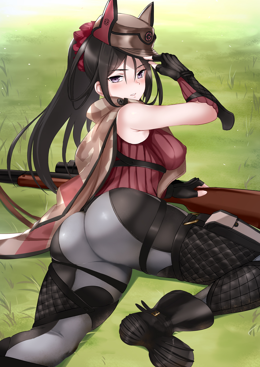 adjusting_clothes adjusting_hat ass black_gloves black_hair black_legwear boots breasts commentary_request covered_nipples fingerless_gloves gloves grass gun hair_between_eyes hand_on_headwear hat highres jirusu kai_schren large_breasts long_hair looking_at_viewer looking_back lying military military_uniform on_stomach ponytail purple_eyes red_scrunchie ribbed_sweater rifle scrunchie senjou_no_valkyria senjou_no_valkyria_4 skin_tight smile sniper_rifle solo sweater turtleneck turtleneck_sweater uniform weapon