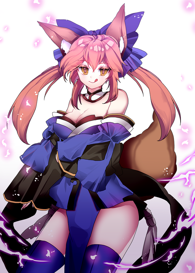 animal_ears bad_id bad_pixiv_id bare_shoulders blue_bow blue_legwear blush bow breasts cleavage closed_mouth collarbone detached_sleeves eyebrows_visible_through_hair fate/extra fate/grand_order fate_(series) flower fox_ears fox_tail hair_bow harin_0 japanese_clothes large_breasts long_hair looking_at_viewer pink_hair smile solo tail tail_raised tamamo_(fate)_(all) tamamo_no_mae_(fate) thighhighs tongue tongue_out twintails yellow_eyes