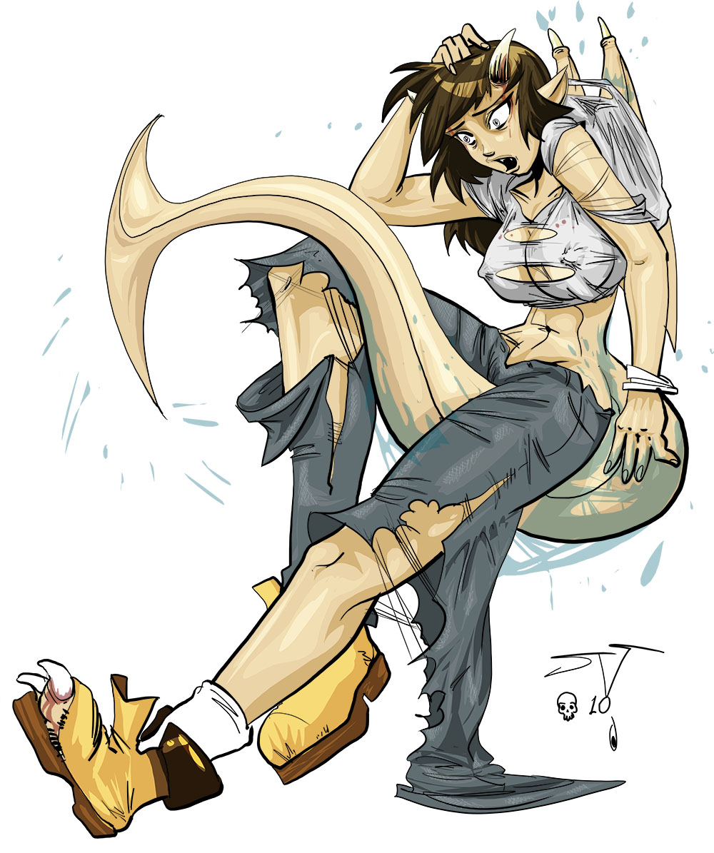 2010 big_breasts breasts brown_hair camel_toe clothing demon female footwear hair horn juanvaldez legwear long_tail navel nipple_bulge open_mouth pants shirt shocked shoes simple_background socks solo torn_clothing transformation white_background wings