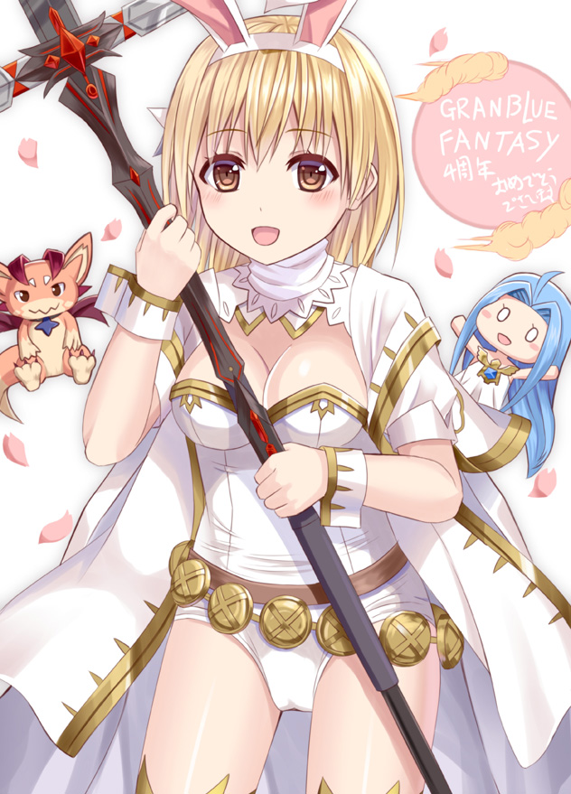 :d animal animal_ears bad_id bad_pixiv_id bangs blonde_hair blue_hair blush brown_eyes bunny_ears character_doll copyright_name djeeta_(granblue_fantasy) dragon eyebrows_visible_through_hair fake_animal_ears granblue_fantasy hair_between_eyes hairband holding holding_weapon jacket leotard long_hair lyria_(granblue_fantasy) open_mouth revision sage_(granblue_fantasy) short_sleeves smile solo strapless strapless_leotard thighhighs translation_request tsukino_neru vee_(granblue_fantasy) weapon white_hairband white_jacket white_leotard wrist_cuffs