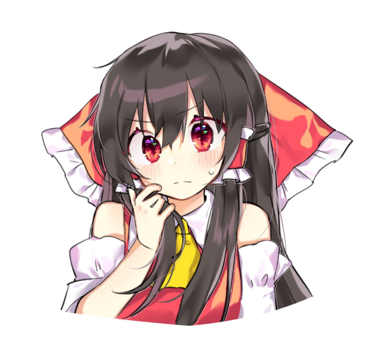 ascot bangs bare_shoulders black_hair blouse blush bow cheunes detached_sleeves drooping_headgear expressive_clothes fidgeting hair_bow hakurei_reimu half_updo head_tilt long_hair looking_at_viewer playing_with_own_hair red_eyes solo straight_hair sweat touhou upper_body v-shaped_eyebrows wide-eyed yellow_neckwear