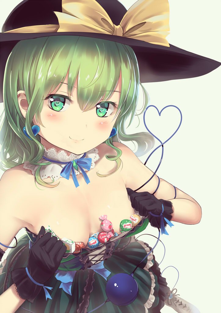 armpits bare_shoulders black_gloves blue_ribbon blush boots breasts candy choker closed_mouth commentary cross-laced_footwear culter dress earrings food frills gloves green_dress green_eyes green_hair hat heart heart_in_eye heart_of_string jewelry komeiji_koishi lace-up_boots looking_at_viewer ribbon short_hair small_breasts smile solo symbol_in_eye third_eye touhou