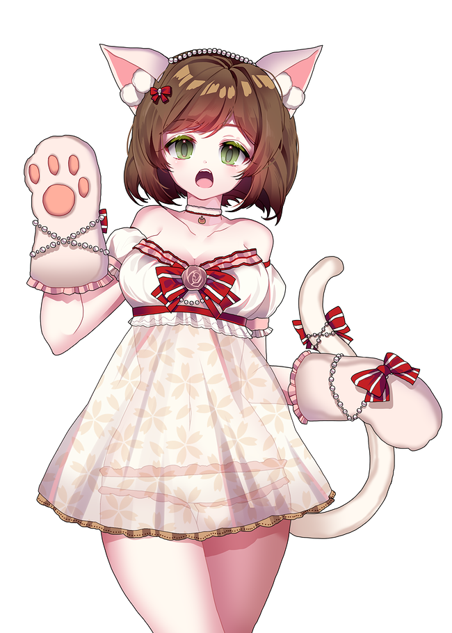 animal_ears bad_id bad_pixiv_id bare_shoulders blush bow breasts brown_hair cat_ears cat_tail choker cleavage collarbone eyebrows_visible_through_hair fake_animal_ears fake_tail green_eyes hair_bow harin_0 idolmaster idolmaster_cinderella_girls idolmaster_cinderella_girls_starlight_stage large_breasts looking_at_viewer maekawa_miku open_mouth red_bow short_hair solo tail teeth