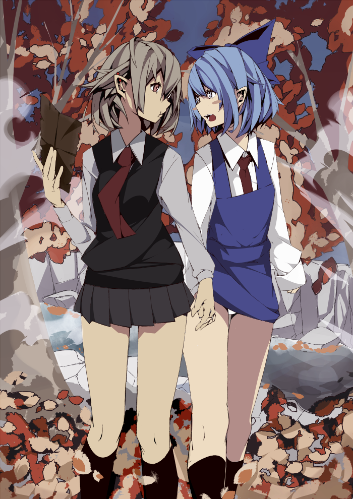 adapted_costume arm_up arudente autumn_leaves blonde_hair blue_bow blue_hair blush_stickers bow cirno collared_shirt commentary_request dress earrings eye_contact hair_bow hair_ribbon holding holding_hands holding_paper interlocked_fingers jewelry leaf long_sleeves looking_at_another looking_to_the_side multiple_girls necktie open_mouth outdoors panties pantyshot pantyshot_(standing) paper pinafore_dress pleated_skirt pout red_neckwear ribbon rumia shirt short_hair skirt sleeves_past_wrists socks standing touhou tree underwear white_panties yuri