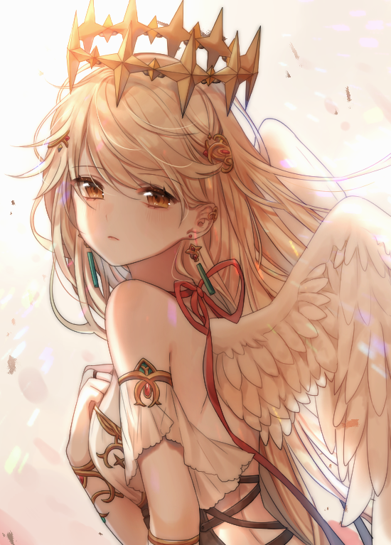 angel_wings bangs bare_shoulders blonde_hair brown_eyes closed_mouth commentary crown dress earrings eyebrows_visible_through_hair feathered_wings hair_between_eyes hair_ornament hand_on_own_chest jewelry long_hair looking_at_viewer looking_to_the_side moffle_(ayabi) original red_ribbon ribbon sleeveless sleeveless_dress solo very_long_hair white_dress white_wings wings