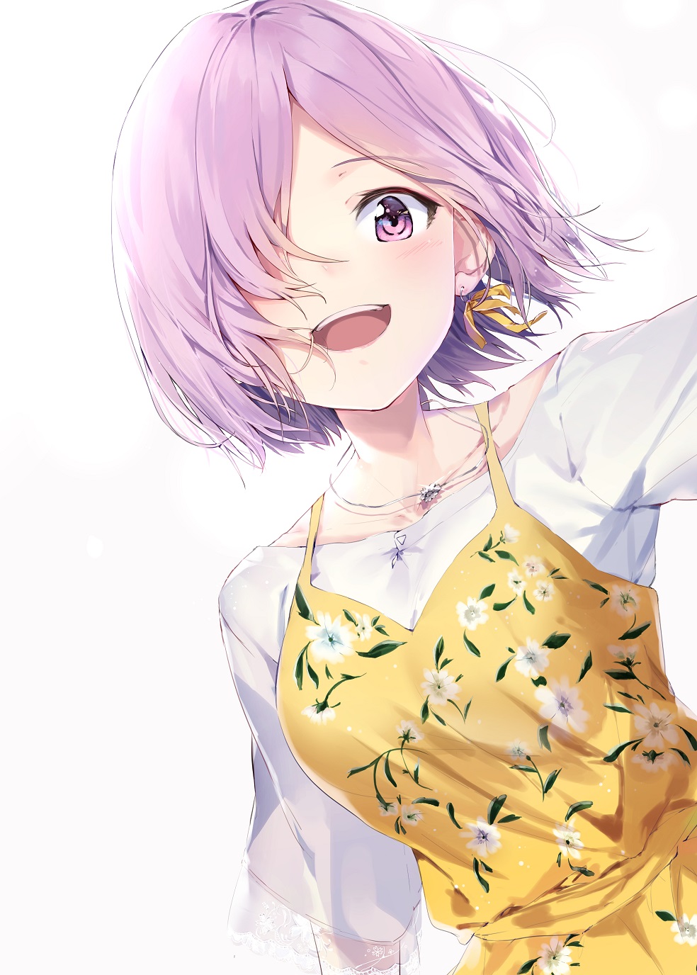 :d bangs blush collarbone dress earrings eyebrows_visible_through_hair fate/grand_order fate_(series) floral_print hair_over_one_eye highres jewelry looking_at_viewer mash_kyrielight open_mouth pendant porch5681 print_dress purple_eyes purple_hair ribbon see-through shirt short_sleeves simple_background sleeveless sleeveless_dress smile solo upper_teeth white_background white_shirt yellow_dress yellow_ribbon