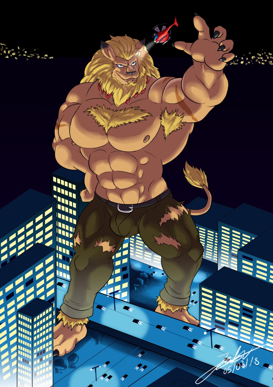 2018 5_fingers abs aircraft anthro armpit_hair barefoot belt biceps biped black_claws black_nose blue_eyes body_hair brown_fur brown_nipples brown_tail building bulge car chest_hair city claws clothed clothing detailed_background digimon digital_media_(artwork) ear_piercing fangs feline front_view fur green_bottomwear green_clothing green_pants hand_on_hip helicopter hi_res huge_muscles leomon macro male mammal mane miguel_okami muscular muscular_male night nipples outside pants pecs piercing signature sky smile smirk solo standing tail_tuft toe_claws toes topless torn_clothing tuft vehicle yellow_mane