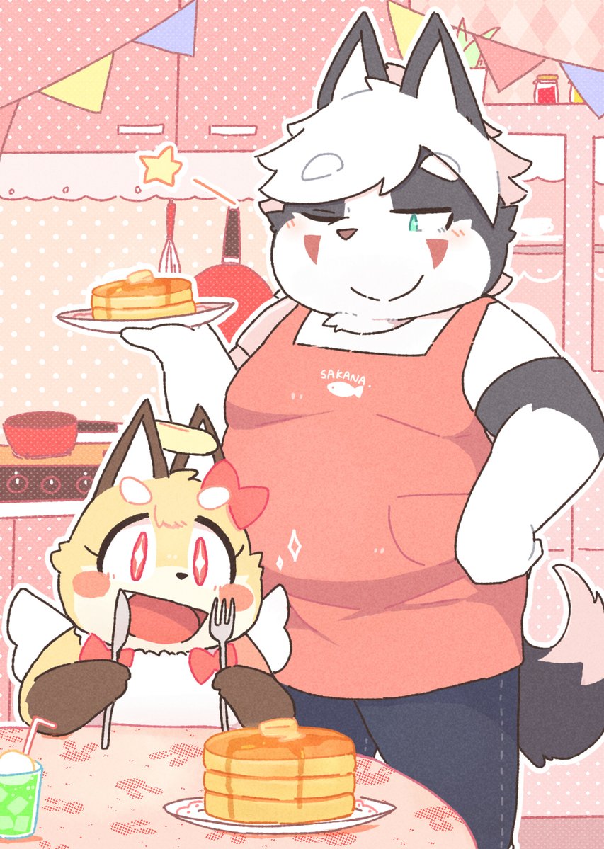 anthro apron brown_fur butter canine clothed clothing cub female food fork fox fur grey_fur hair kemono kitchen knife male mammal one_eye_closed overweight pancake rantan_chan ribbons slightly_chubby tenshi_chan umeda white_fur white_hair wink young