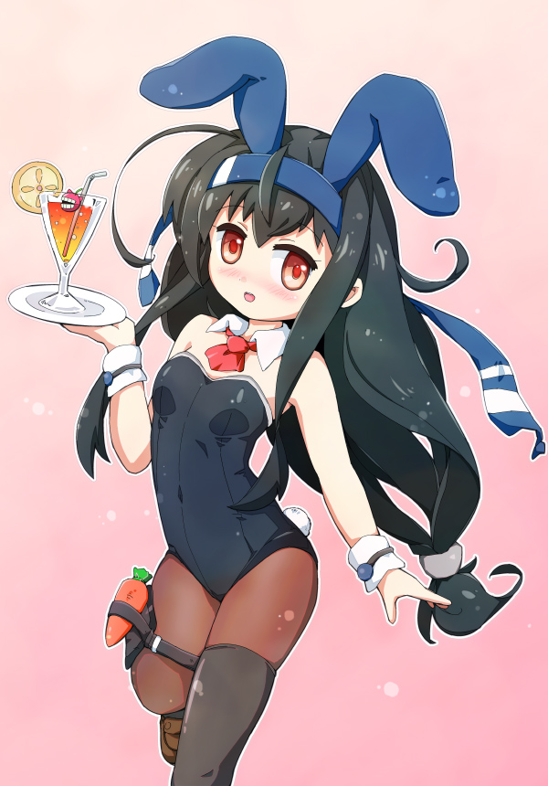 adapted_costume animal_ears bare_shoulders black_hair black_legwear black_leotard blush bow bowtie breasts brown_legwear bunny_ears bunny_girl bunny_tail bunnysuit cup detached_collar drinking_glass drinking_straw fake_animal_ears glass hatsushimo_(kantai_collection) headband kantai_collection leotard long_hair low-tied_long_hair open_mouth pantyhose pink_background red_eyes remodel_(kantai_collection) single_thighhigh small_breasts smile solo strapless strapless_leotard tail thighhighs tray wrist_cuffs zipang_(zip@ng_works)