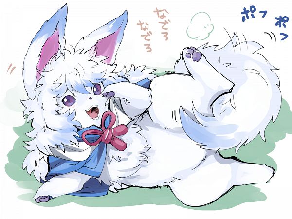 cape creature fate/grand_order fate_(series) fluffy fou_(fate/grand_order) lying no_humans on_side purple_eyes shimo_(s_kaminaka) solo tail_wagging translation_request