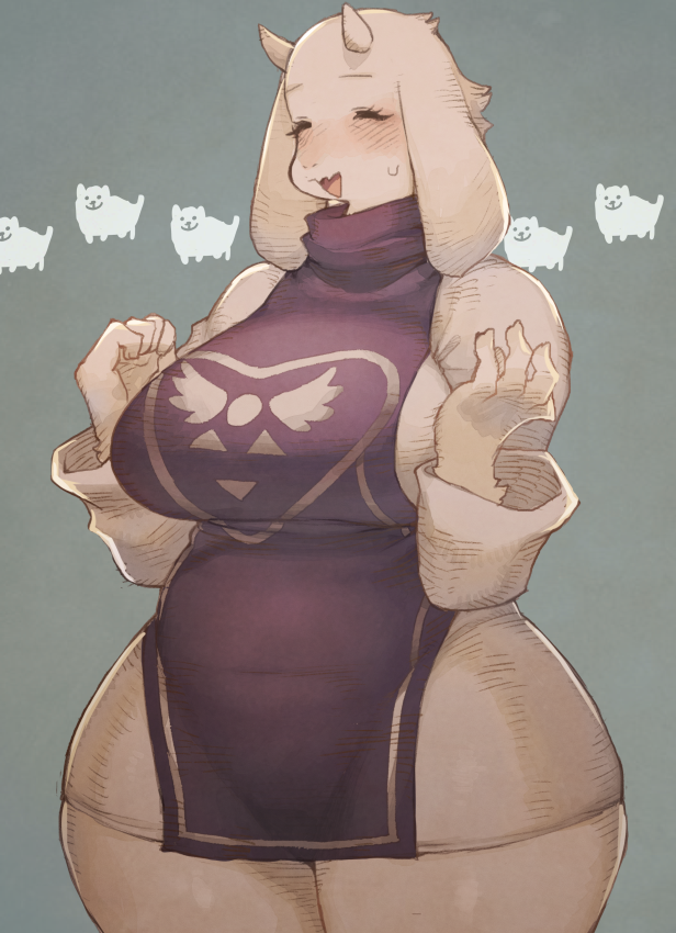 2018 annoying_dog_(undertale) anthro big_breasts blush boss_monster breasts canine caprine clothed clothing dog eyes_closed female fur group horn mammal open_mouth ricosye simple_background sweat thick_thighs toriel undertale video_games voluptuous wide_hips