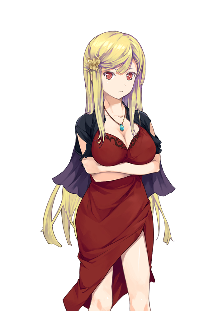 analcimesoft blonde_hair breasts cleavage crossed_arms dress hair_ornament jewelry large_breasts long_hair looking_at_viewer necklace original red_dress red_eyes solo standing
