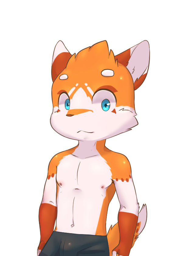blue_eyes cat clothed clothing cub feline fur male mammal navel nipples orange_fur sharparadise shorts solo standing topless white_fur young