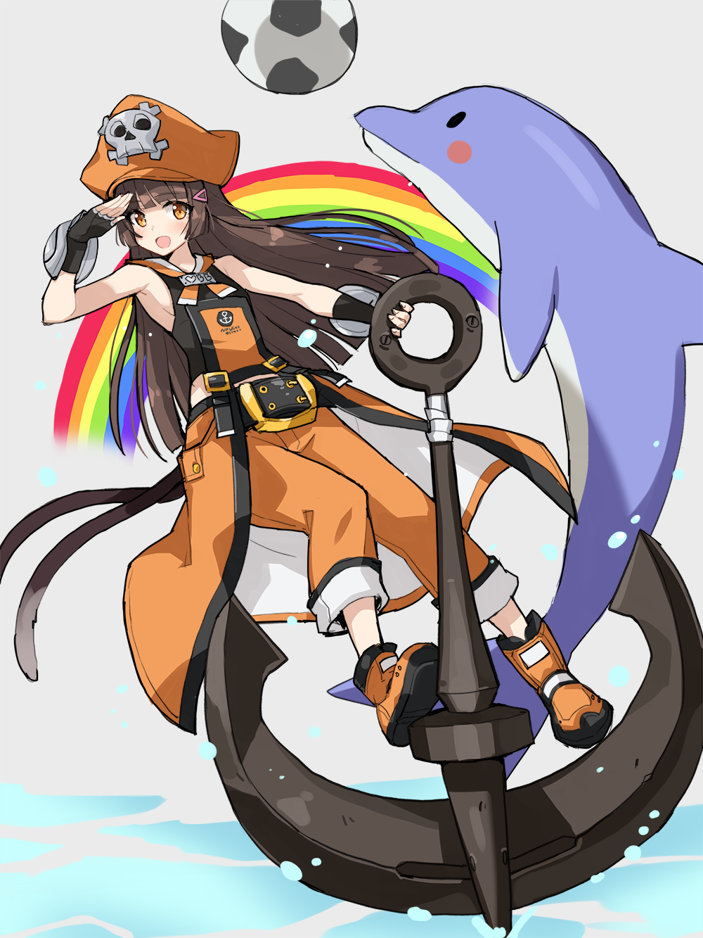 alternate_costume anchor ankle_boots armpits ball bangs belt_buckle blunt_bangs boots brown_eyes brown_hair buckle chitose_(soccer_spirits) coattails cosplay dolphin eyebrows_visible_through_hair fingerless_gloves flat_chest gloves guilty_gear hair_ornament hairclip hat highres huge_weapon long_hair may_(guilty_gear) may_(guilty_gear)_(cosplay) orange_hat pants pants_rolled_up pirate_hat sailor_collar salute serin199 skull_and_crossbones soccer_ball soccer_spirits solo weapon