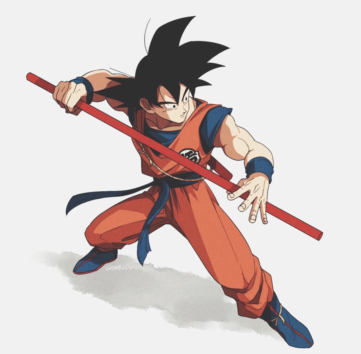 1boy black_eyes black_hair boots dougi downscaled dragon_ball dragonball_z expressionless fighting_stance fingernails grey_background looking_away male_focus md5_mismatch nyoibo resized shaded_face shadow short_hair simple_background son_gokuu spiked_hair tama_azusa_hatsu twitter_username wristband