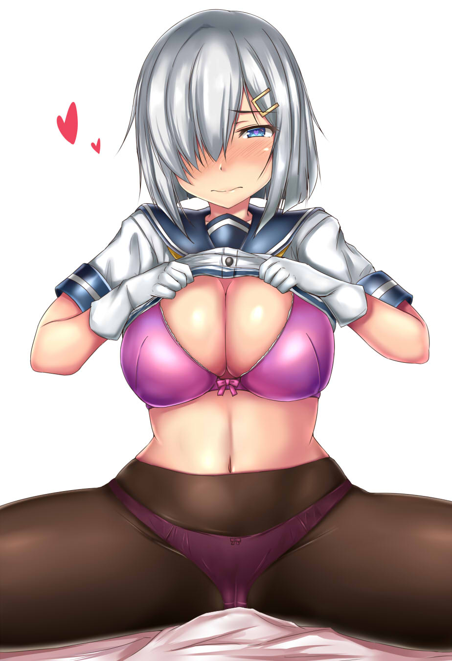 blue_eyes blush bow bra breasts cameltoe cleavage commentary gloves hair_ornament hair_over_one_eye hairclip hamakaze_(kantai_collection) heart heart-shaped_pupils highres kantai_collection large_breasts lifted_by_self looking_at_viewer neckerchief on_bed panties panties_under_pantyhose pantyhose pink_bow pink_bra pink_panties school_uniform serafuku short_hair short_sleeves silver_hair sitting sitting_on_bed solo spread_legs symbol-shaped_pupils terakoya underwear white_background white_gloves yellow_neckwear