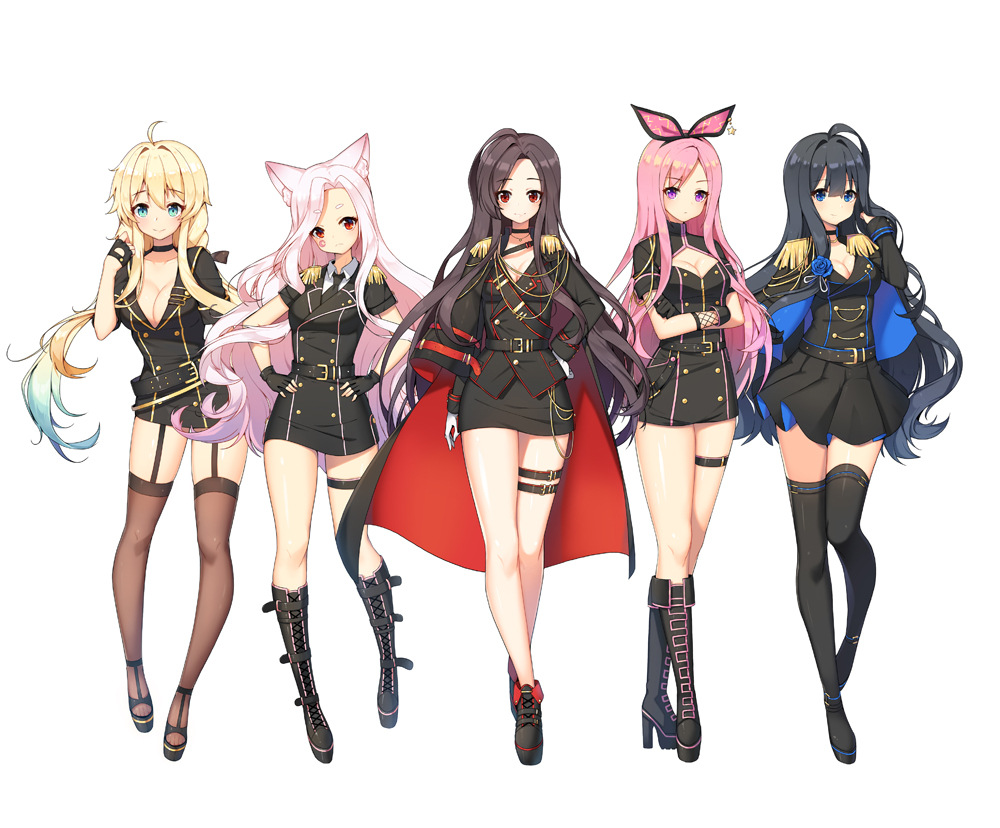 ahoge animal_ears black_footwear black_gloves black_hair black_legwear black_neckwear black_skirt blonde_hair blue_eyes blue_hair blush boots breasts cat_ears character_request choker cleavage closed_mouth collarbone copyright_request eyebrows_visible_through_hair fingerless_gloves garter_straps gloves green_eyes hairband knee_boots large_breasts long_hair looking_at_viewer multicolored_hair multiple_girls necktie pink_hair purple_eyes red_eyes skirt smile thighhighs tp_(kido_94) two-tone_hair