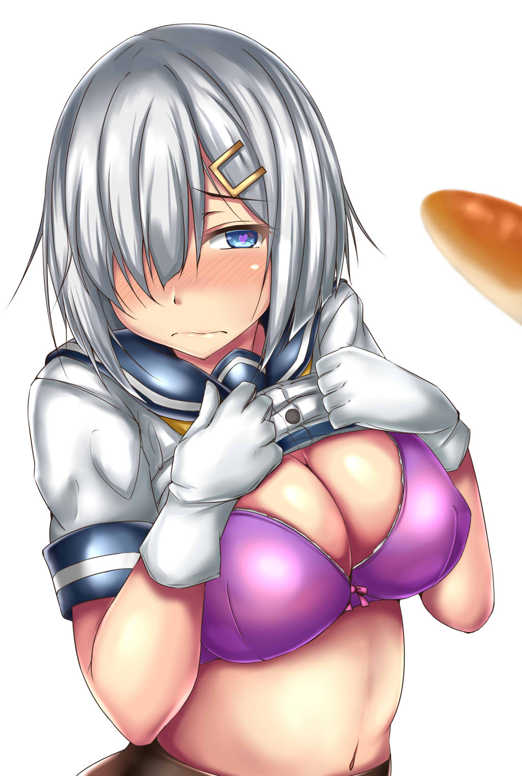 bad_id bad_pixiv_id blue_eyes blush bow bra bread breasts cleavage commentary food gloves hair_ornament hair_over_one_eye hairclip hamakaze_(kantai_collection) heart heart-shaped_pupils highres kantai_collection large_breasts lifted_by_self neckerchief pantyhose penis_awe pink_bow pink_bra school_uniform serafuku short_hair short_sleeves silver_hair solo_focus symbol-shaped_pupils terakoya underwear white_background white_gloves yellow_neckwear