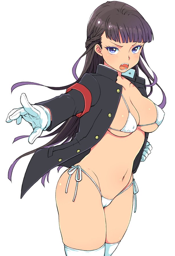 :o armband bangs bikini black_hair blunt_bangs braid breasts cameltoe cleavage covered_nipples eroe fang gloves gradient_hair half_updo large_breasts long_hair multicolored_hair navel open_clothes open_mouth open_shirt original ouendan outstretched_arm purple_eyes shirt side-tie_bikini side_braid simple_background solo string_bikini swimsuit teeth thighhighs v-shaped_eyebrows white_background white_bikini white_gloves white_legwear