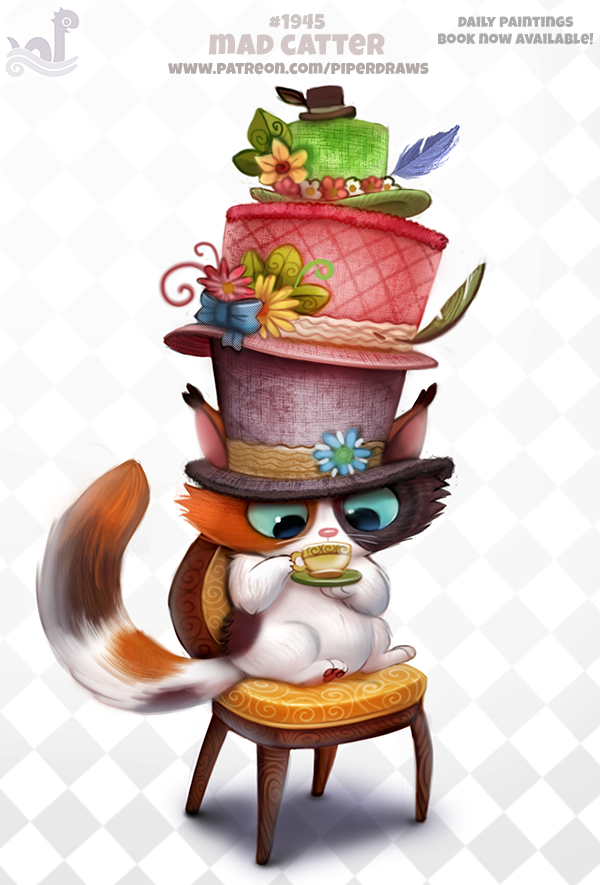 alice_in_wonderland beverage black_fur blue_eyes bow cat chair cryptid-creations cup feathers feline female feral flower fur hat humor mad_hatter mammal orange_fur plant pun saucer solo tea tea_cup whiskers white_fur