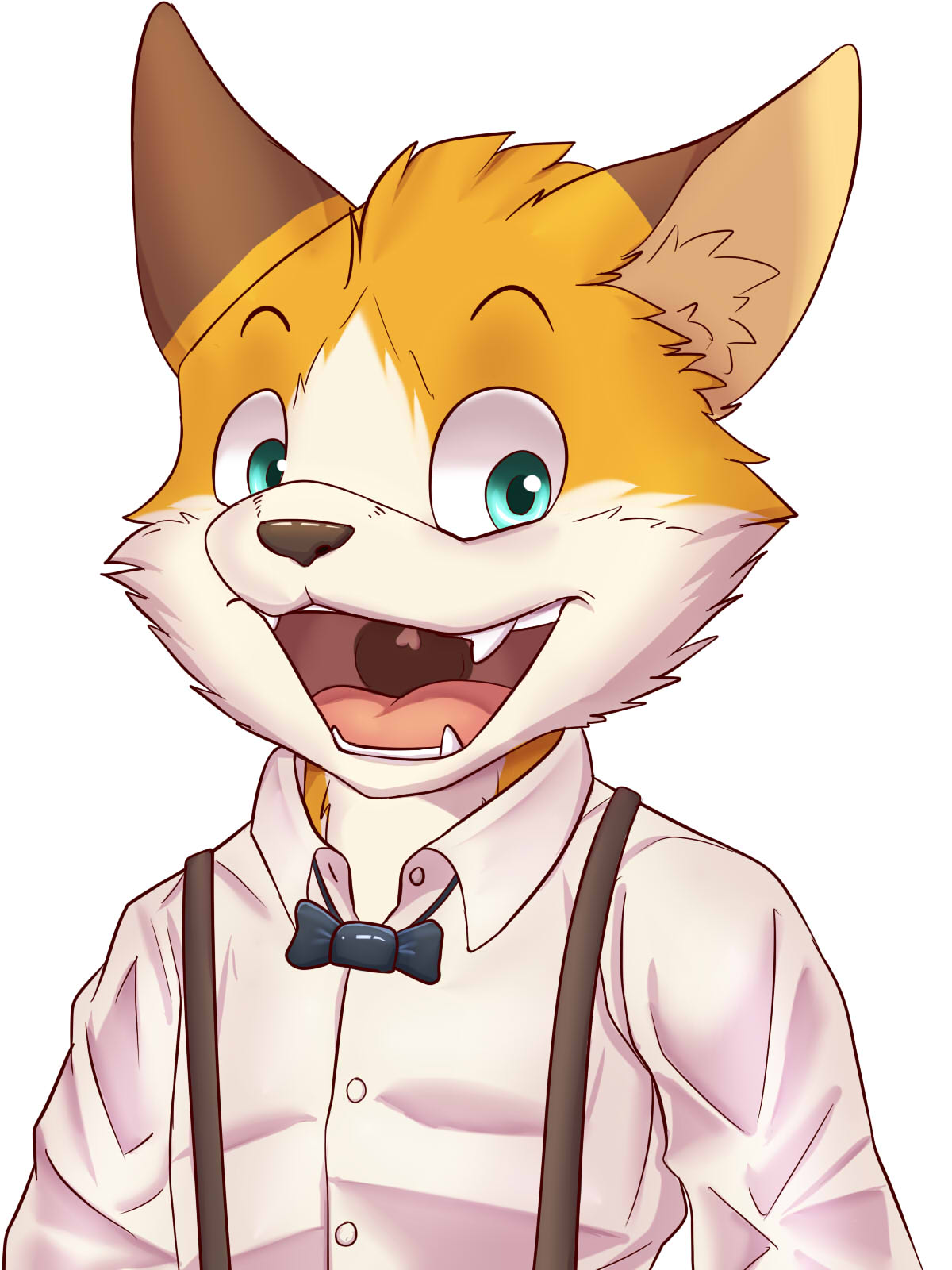 blue_eyes bow_tie brown_fur cat clothing cute_fangs dress_shirt feline fur mammal open_mouth orange_fur sharparadise shirt suspenders white_fur