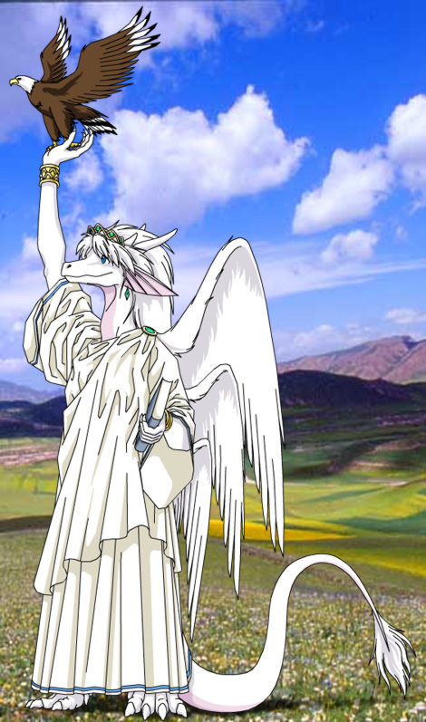 angel angel_dragon anthro avian bird book claws clothing dragon eagle feathered_wings feathers feral hair lizardseraphim robe seraphim smile standing vanessa white_hair wings