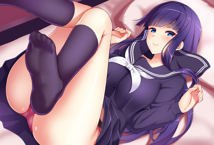 ass blue_eyes blue_hair blush breasts huyumitsu kneehighs large_breasts legs_up long_hair lying navy_blue_legwear on_back on_bed original panties pantyshot pantyshot_(lying) pillow school_uniform serafuku skirt soles thighs trefoil underwear