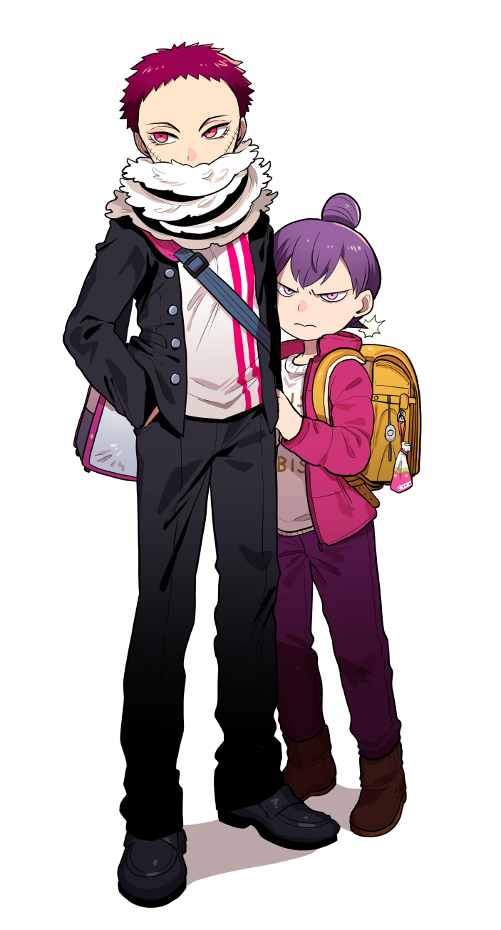alternate_costume arm_at_side backpack bag black_footwear black_jacket black_pants brothers brown_footwear buttons casual charlotte_cracker charlotte_katakuri closed_mouth clothes_writing contemporary covered_mouth full_body hair_bun hand_in_pocket hand_on_another's_arm hand_up height_difference highres jacket keychain kinakotatu looking_at_viewer looking_to_the_side male_focus multiple_boys no_eyebrows one_piece open_clothes open_jacket pants pink_eyes pink_jacket purple_hair purple_pants red_eyes red_hair scar scarf scarf_over_mouth shirt shoes short_hair shoulder_bag siblings simple_background standing stitches sweater white_background wrist_grab younger