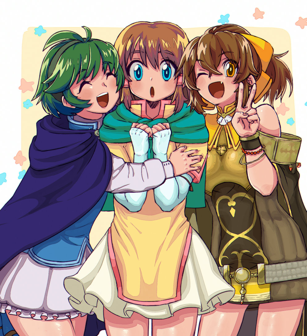 bare_shoulders blue_eyes bow bracelet breasts brown_hair capelet cloak closed_eyes cowboy_shot dress dyute_(fire_emblem) elbow_gloves fang fingerless_gloves fire_emblem fire_emblem:_akatsuki_no_megami fire_emblem:_rekka_no_ken fire_emblem:_souen_no_kiseki fire_emblem_echoes:_mou_hitori_no_eiyuuou fire_emblem_heroes gloves green_hair hair_bow hair_tubes hairband hug jewelry looking_at_viewer magokoro_bento miniskirt mist_(fire_emblem) multiple_girls nino_(fire_emblem) one_eye_closed open_mouth orange_eyes short_dress short_hair short_ponytail skirt small_breasts smile v white_gloves