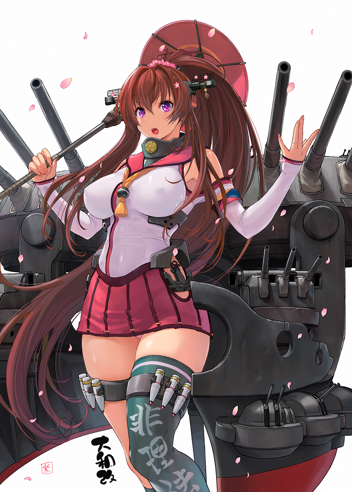 anchor breasts brown_hair cherry_blossoms detached_sleeves feet_out_of_frame hair_between_eyes hair_intakes headgear hip_vent jewelry kantai_collection large_breasts long_hair miniskirt murasaki_nyaa open_mouth oriental_umbrella panties pantyshot pantyshot_(standing) petals pink_panties pleated_skirt purple_eyes red_skirt remodel_(kantai_collection) rigging ring simple_background single_thighhigh skirt sleeves_past_wrists solo standing thighhighs thighs turret umbrella underwear wedding_band white_background yamato_(kantai_collection) z-flag