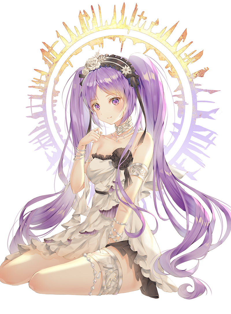 armlet bad_id bad_pixiv_id bangs bare_shoulders bead_bracelet bead_necklace beads between_legs black_hairband black_ribbon bracelet breasts closed_mouth collarbone dress euryale eyebrows_visible_through_hair fate/grand_order fate_(series) floating_hair flower frilled_dress frills full_body hair_flower hair_ornament hair_ribbon hairband halo hand_up head_tilt jewelry lolita_hairband long_hair looking_at_viewer medium_breasts mellozzo neck_ring necklace parted_bangs purple_eyes purple_hair ribbon rose shiny shiny_hair short_dress sidelocks simple_background sitting smile solo strapless strapless_dress thigh_beads thighlet twintails very_long_hair white_background white_dress white_flower white_rose yokozuwari