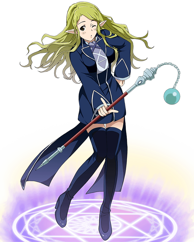 blonde_hair blue_dress blue_footwear blush boots breasts dress floating_hair full_body hand_on_hip high_heel_boots high_heels holding holding_staff log_horizon long_hair looking_at_viewer magic_circle marielle_(log_horizon) medium_breasts official_art one_eye_closed parted_lips pointy_ears round_table_concil_uniform short_dress solo staff thigh_boots thighhighs transparent_background uniform very_long_hair