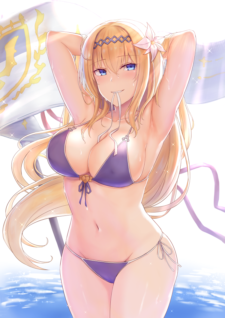 armpits arms_up bikini blonde_hair blue_eyes blush breasts cai_geng commentary_request flag flower granblue_fantasy groin hair_flower hair_ornament jeanne_d'arc_(granblue_fantasy) large_breasts long_hair looking_at_viewer mouth_hold navel side-tie_bikini solo swimsuit water