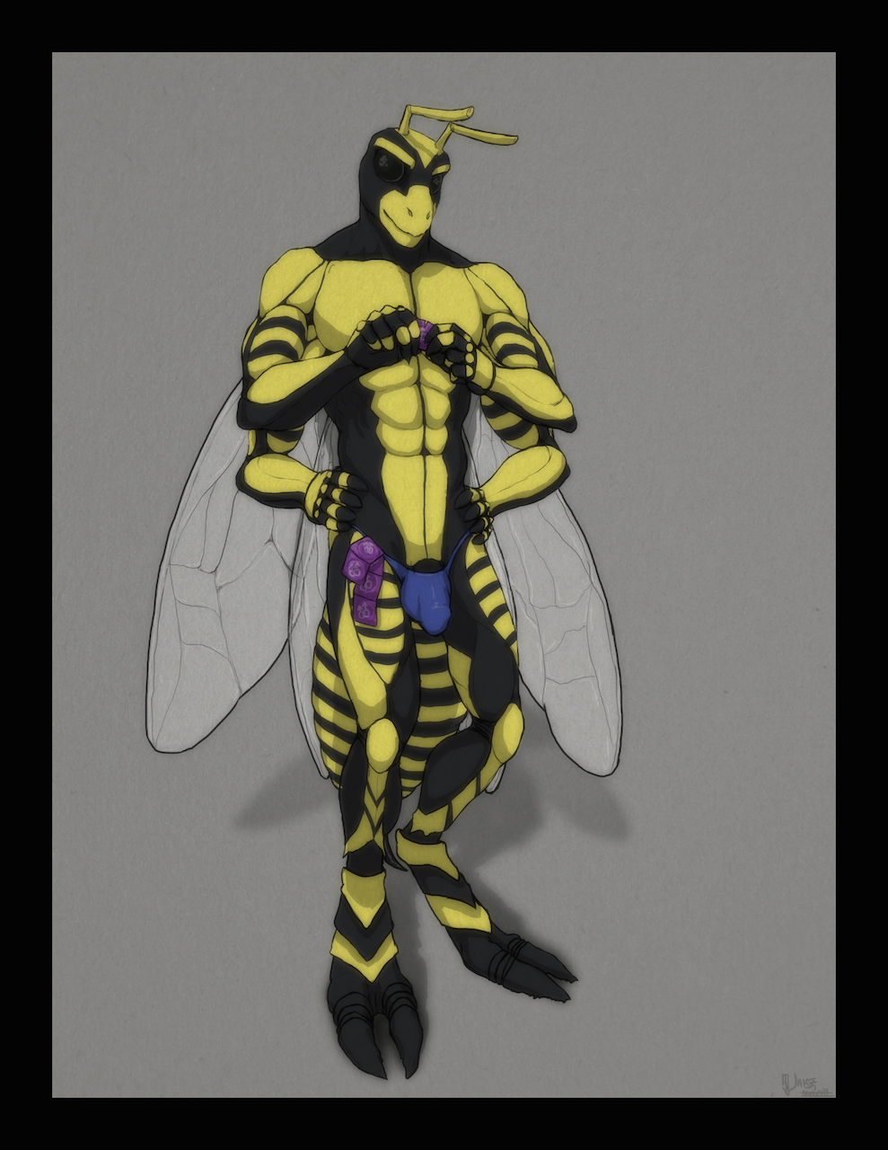 4_arms arthropod bulge clothing condom digitigrade g-string insect insect_wings male multi_arm multi_limb pinup pose rubber underwear vaisz wasp wings xolani