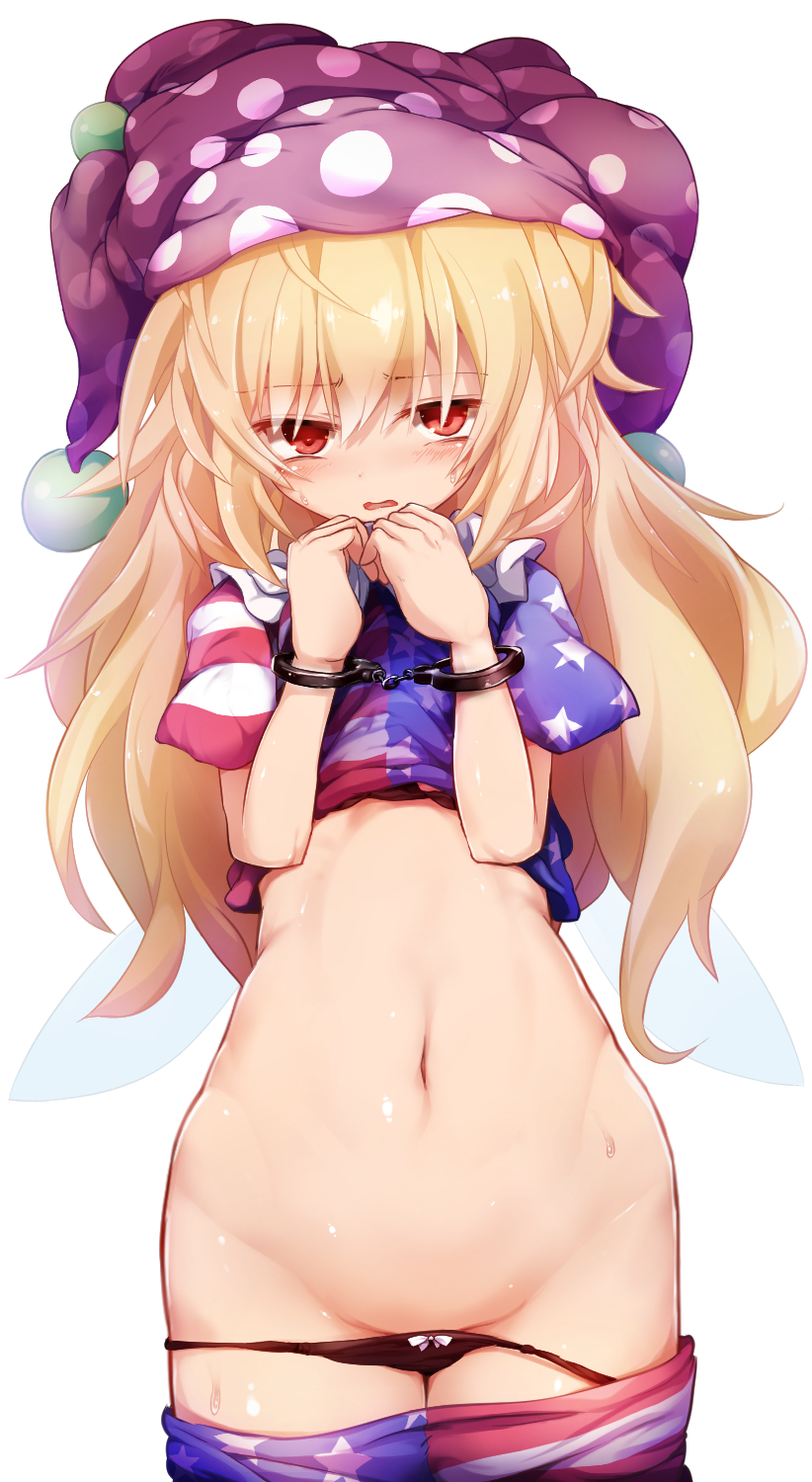 american_flag_dress american_flag_legwear black_bra black_panties blonde_hair blush bow bow_panties bra chain clownpiece cuffs eyebrows_visible_through_hair fairy_wings hagure_kedama hat highres jester_cap long_hair looking_at_viewer navel panties panty_pull pantyhose pantyhose_pull polka_dot red_eyes short_sleeves simple_background solo standing stomach striped striped_legwear sweat touhou underwear white_background white_bow wings