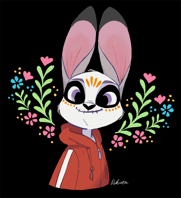 anthro clothed clothing coco_(pixar) disney female fur judy_hopps lagomorph mammal miguel_rivera purple_eyes rabbit rikuta smile solo text zootopia