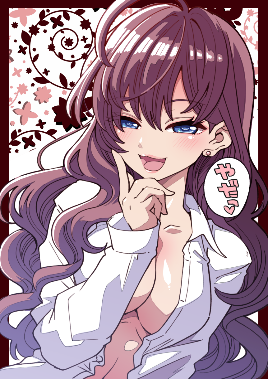:3 ahoge bangs blue_eyes blush breasts brown_hair cleavage commentary commentary_request dress_shirt earrings eyebrows_visible_through_hair eyes_visible_through_hair hanauna highres ichinose_shiki idolmaster idolmaster_cinderella_girls jewelry lips long_hair long_sleeves looking_at_viewer medium_breasts open_clothes open_mouth open_shirt partial_commentary shirt smile solo translated wavy_hair